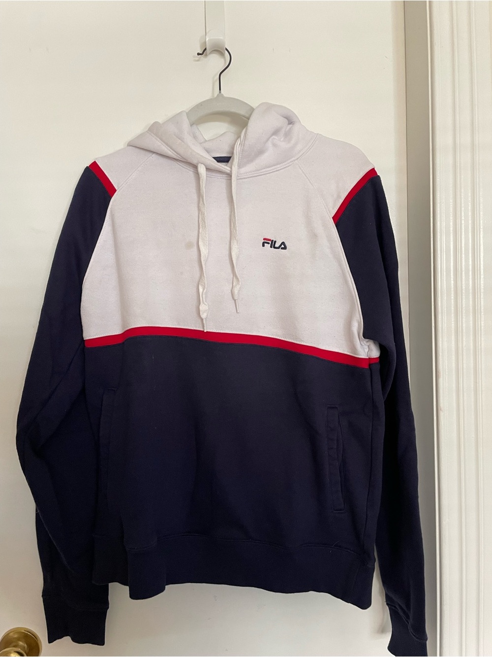 FILA White Navy Pullover Hoodie with Red Accent